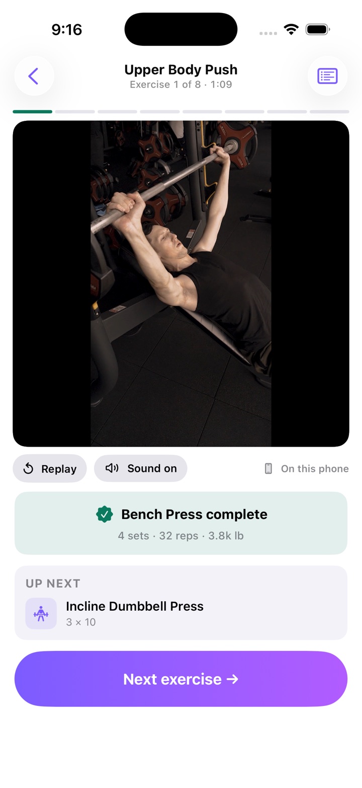 Bench Press complete: 4 sets, 32 reps, 3.8k lb. Up next: Incline Dumbbell Press 3 × 10, and a Next exercise button.