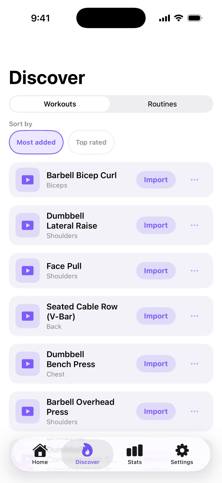 Discover: a Workouts and Routines switch, a Sort by label over Most added and Top rated, then one row per workout — Barbell Bicep Curl, Biceps; Dumbbell Lateral Raise, Shoulders; Face Pull, Shoulders — each with an Import button and a ⋯ menu.