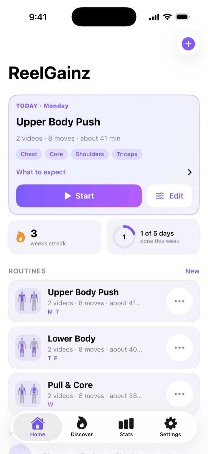 Advanced mode Home: a Today card for Upper Body Push with its tags and a Start button, a 3 weeks streak tile, a 1 of 5 days ring, then routines with body maps and a menu button each.