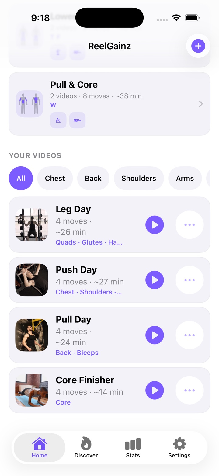 Your videos, further down Home: filter chips for All, Chest, Back, Shoulders and Arms, then Leg Day, Push Day, Pull Day and Core Finisher — videos added from the phone, each with a frame from its video, its move count, time and the areas it works.