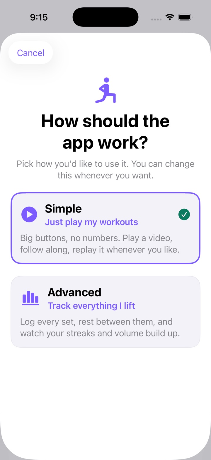 The mode chooser as it opens from Settings: How should the app work? Simple, Just play my workouts, is selected; Advanced, Track everything I lift, is the other card. On first launch the same two cards appear under Welcome to ReelGainz, with neither picked.