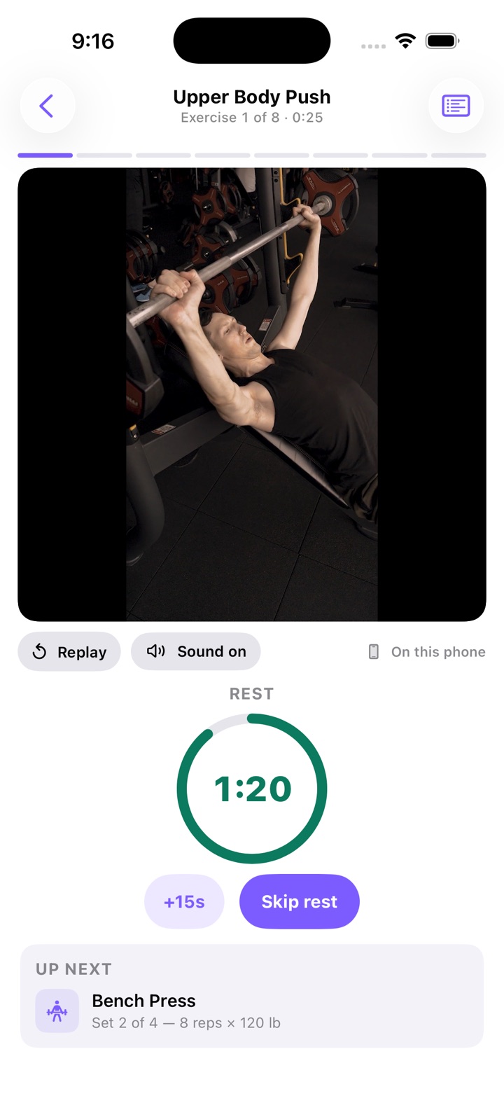 Rest: a ring counting down from 1:20, +15s and Skip rest buttons, and Up next: Bench Press set 2 of 4, 8 reps × 120 lb.