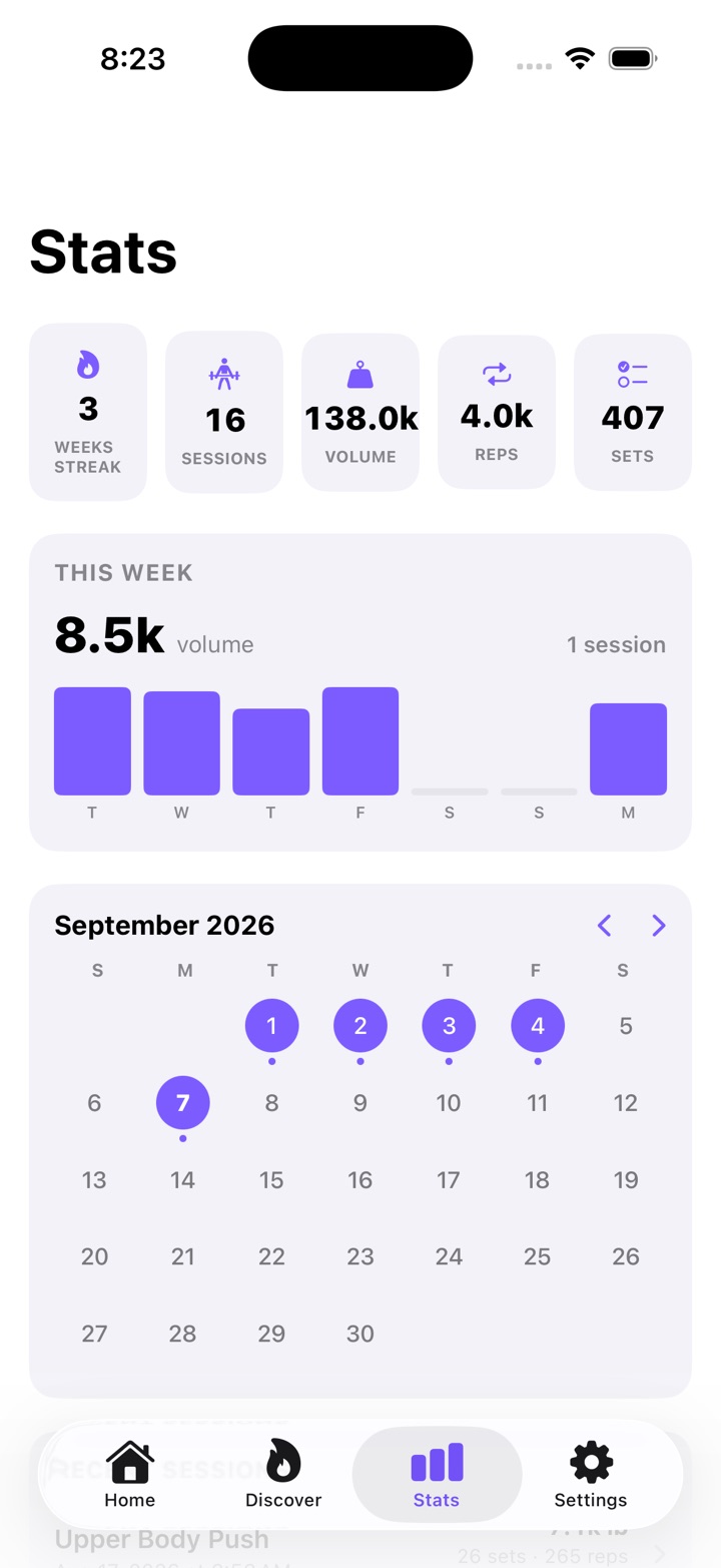Stats: a 3 weeks streak, 16 sessions and 138.0k volume, this week's bar chart, and a September calendar with trained days marked.