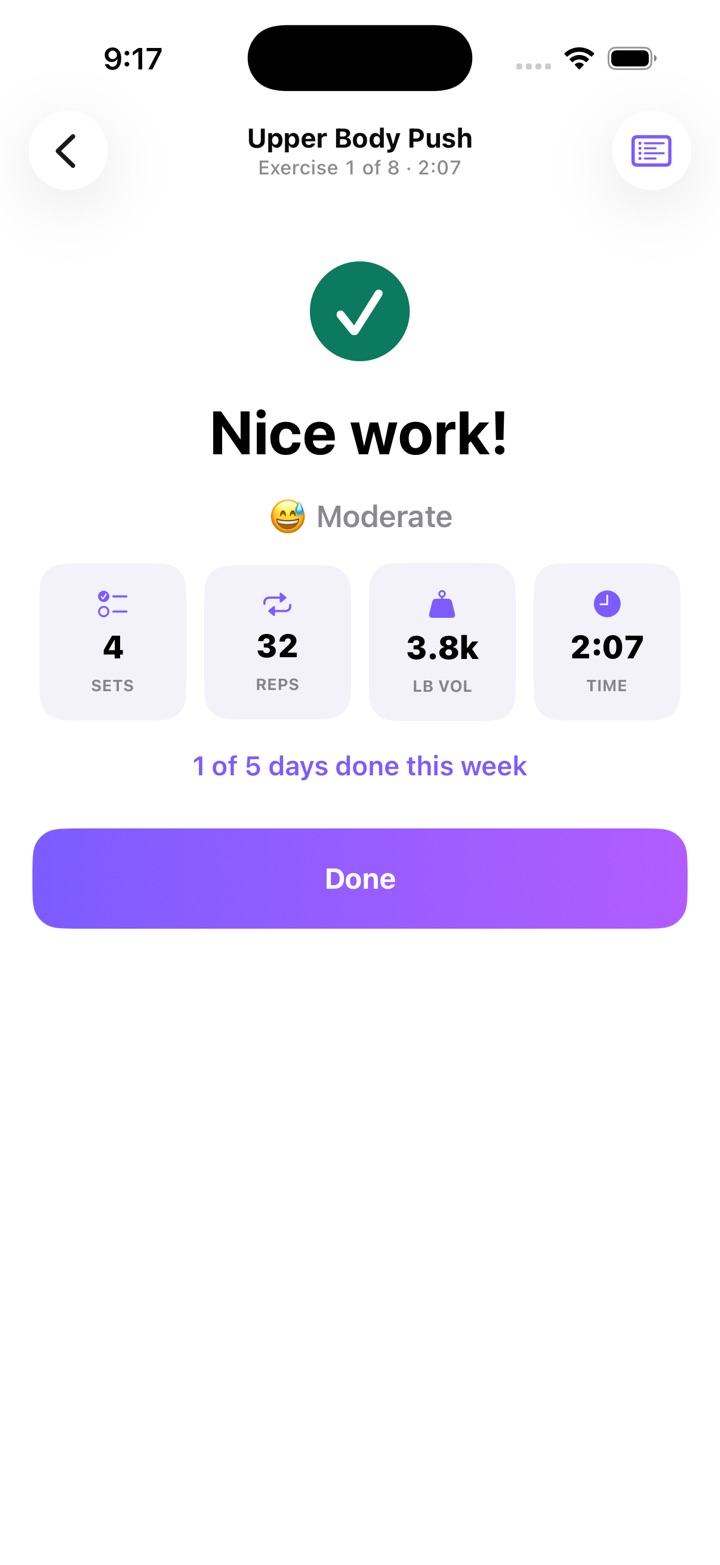 Nice work! Moderate effort, then 4 sets, 32 reps, 3.8k lb volume, 2:07, and 1 of 5 days done this week.